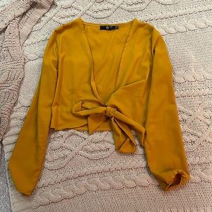 Mustard yellow, tie-front, plunge blouse